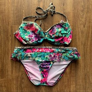 Floral and Animal Print Two Piece with Ruffle